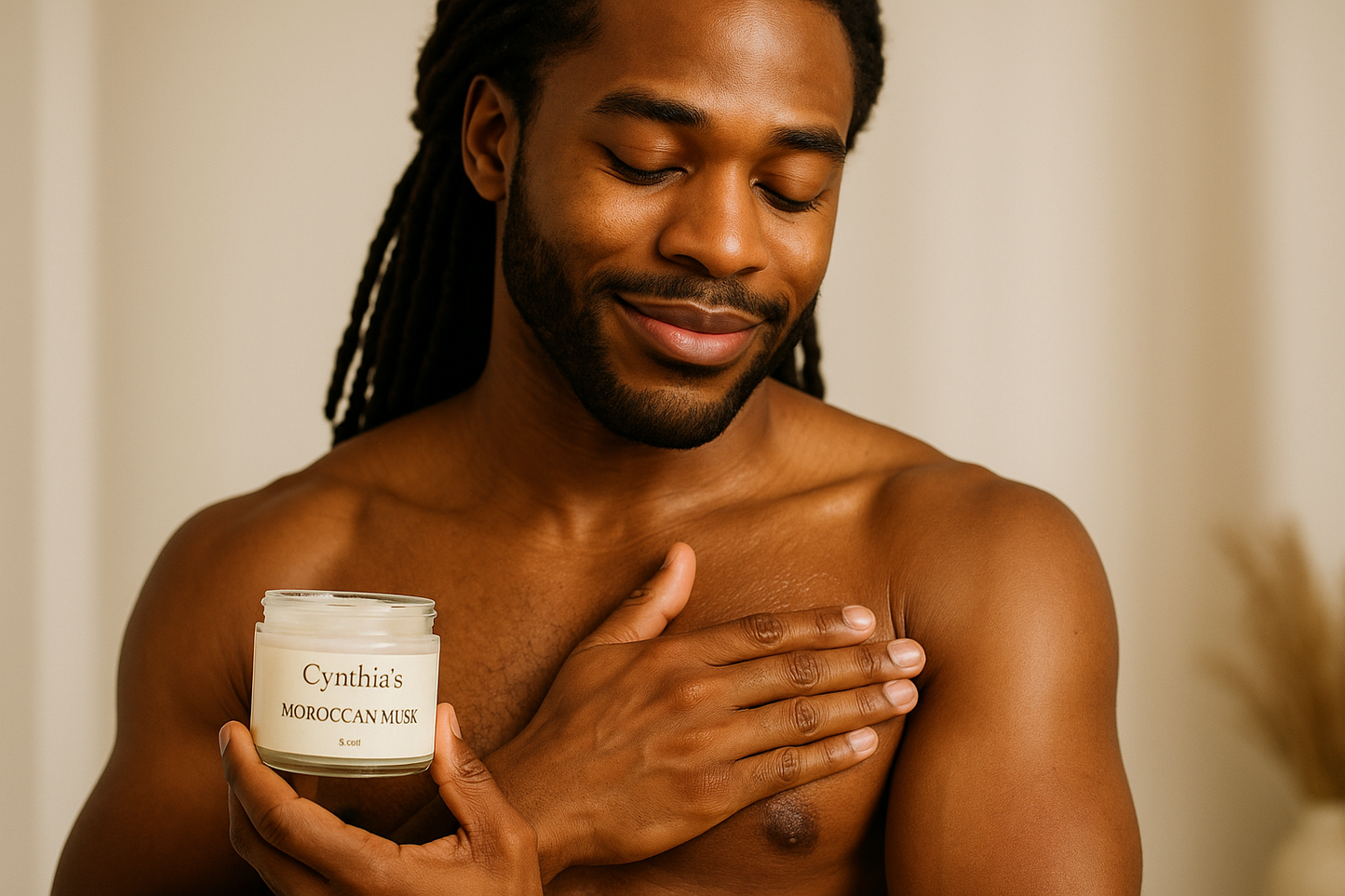 Please create a Handsome black man with locs using a 4 oz clear jar of Cynthia's Secret Gasrden Morroccan Musk Please have him rubbing it on his bocy