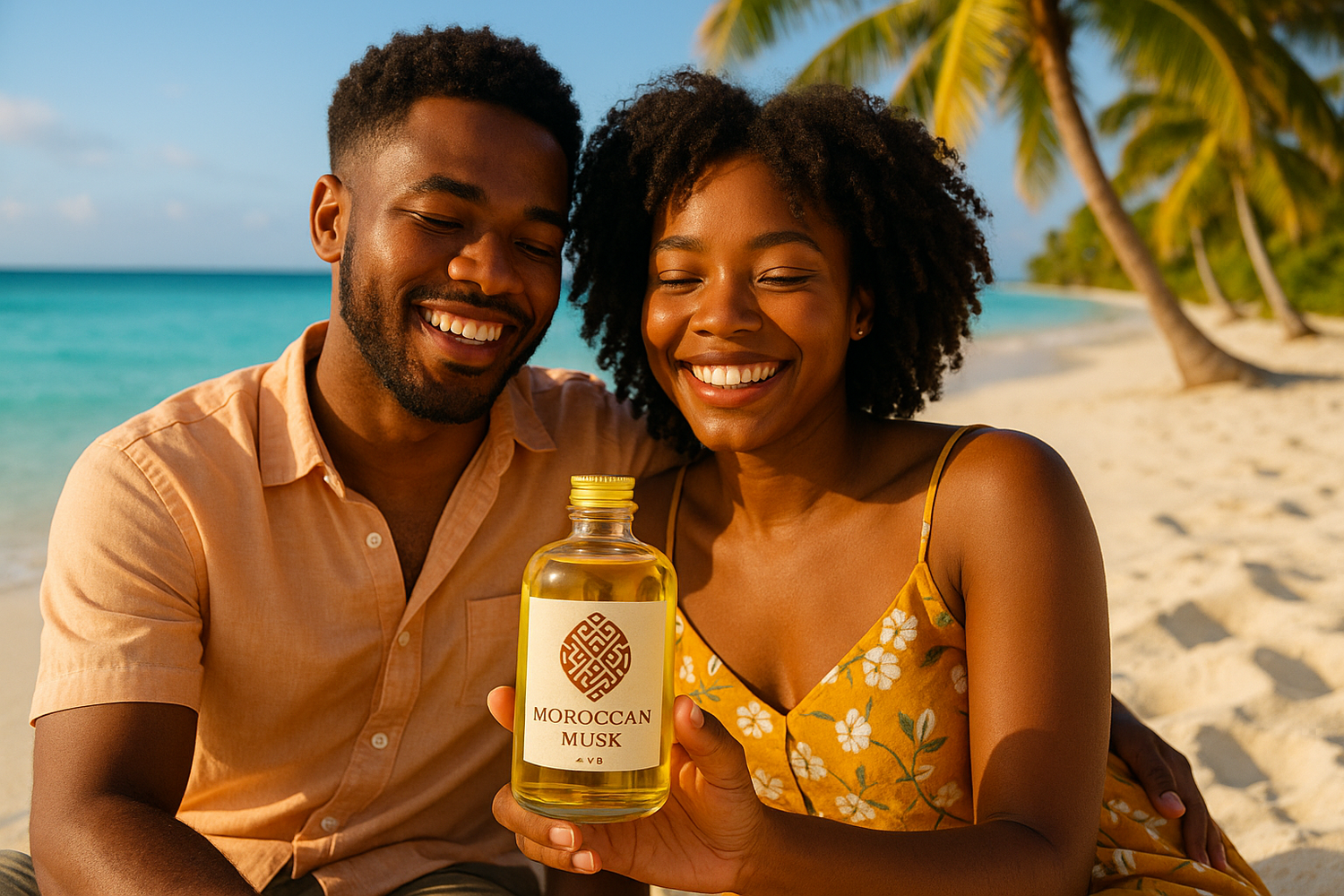 Please create a young black couple lounging in bahamas holding a 4 oz clear yeloow morroccan musk bottle with an african print logo on it