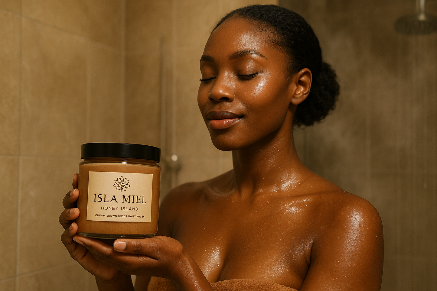 Please createa pretty Black woman in the shower holding a jarof Isla Miel Honey Island creamy Brown sugar sugar polish with an african flower logo and pleasemake the jar top black