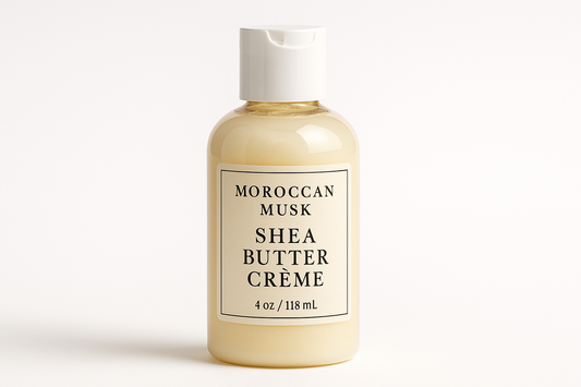  as my marketing manager Please create a clear slightly yellow  4 oz PET boston round flip top bottle  The shea butter creme  is Morroccan Musk   Please design