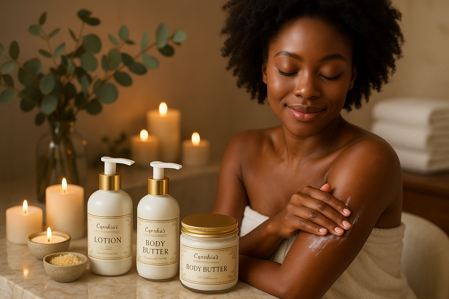 As my marketing managerShe is using Cynthia'sSecret Gardens produts please create a picture of a dark skin black woman relaxing in a spa using  the butters, lotions bathe salts 