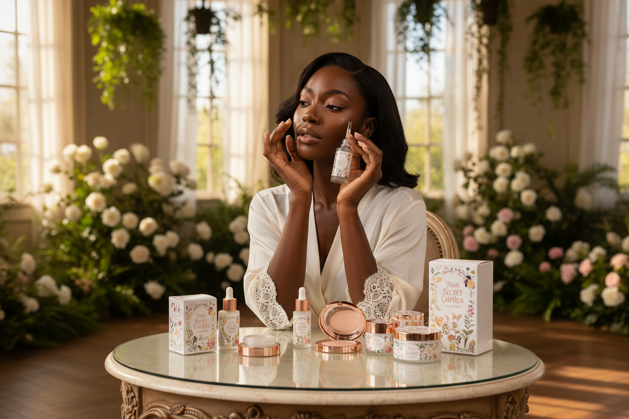 Beautiful black woman sampling Your Secret Garden by Cynthia Beauty Products