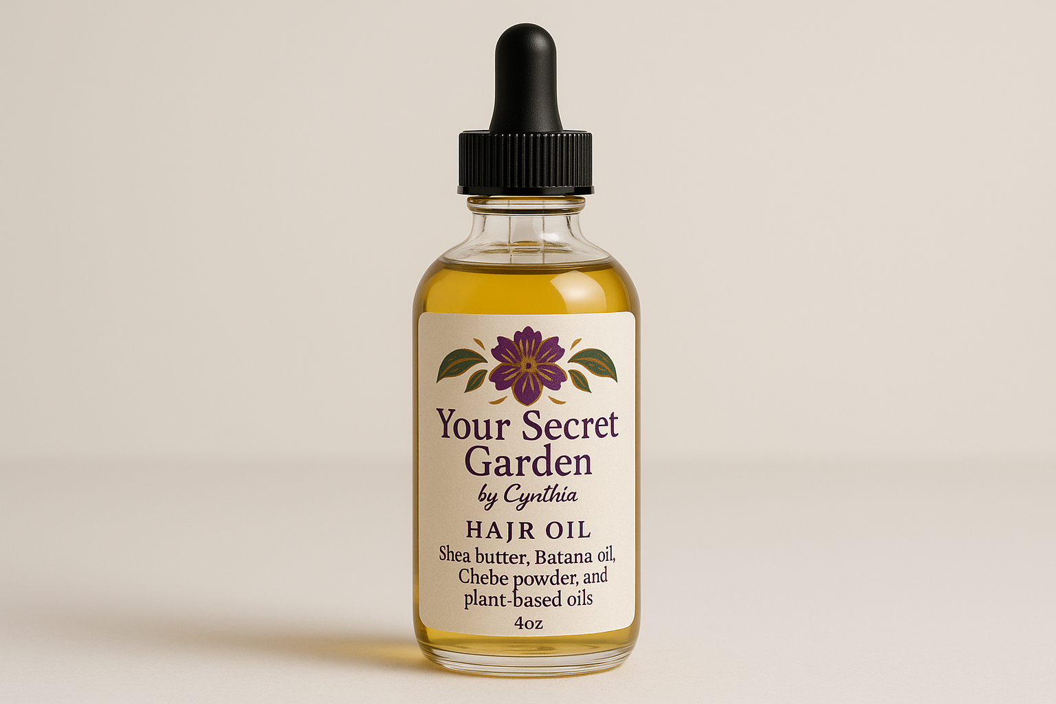 Please create a 4oz clear bottle  black eye dropper  Please use the afrrican flower  purpleand gold logo with green leaves   Please use the label Your Secret Garden by Cynthia The hair oil includes Sheabutter  Batana oil Chebe powder and plant based oils 