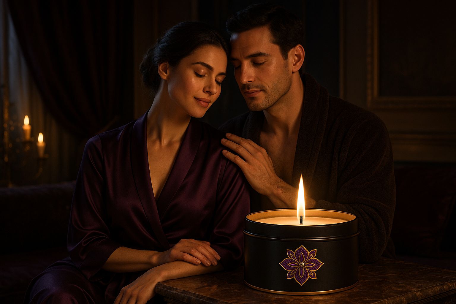 Please create a couple using Cynthia's Secret Garden GoldenTemple Shea  Massage candle in a black tin  with an african purple and gold glower logo  Please make it classy