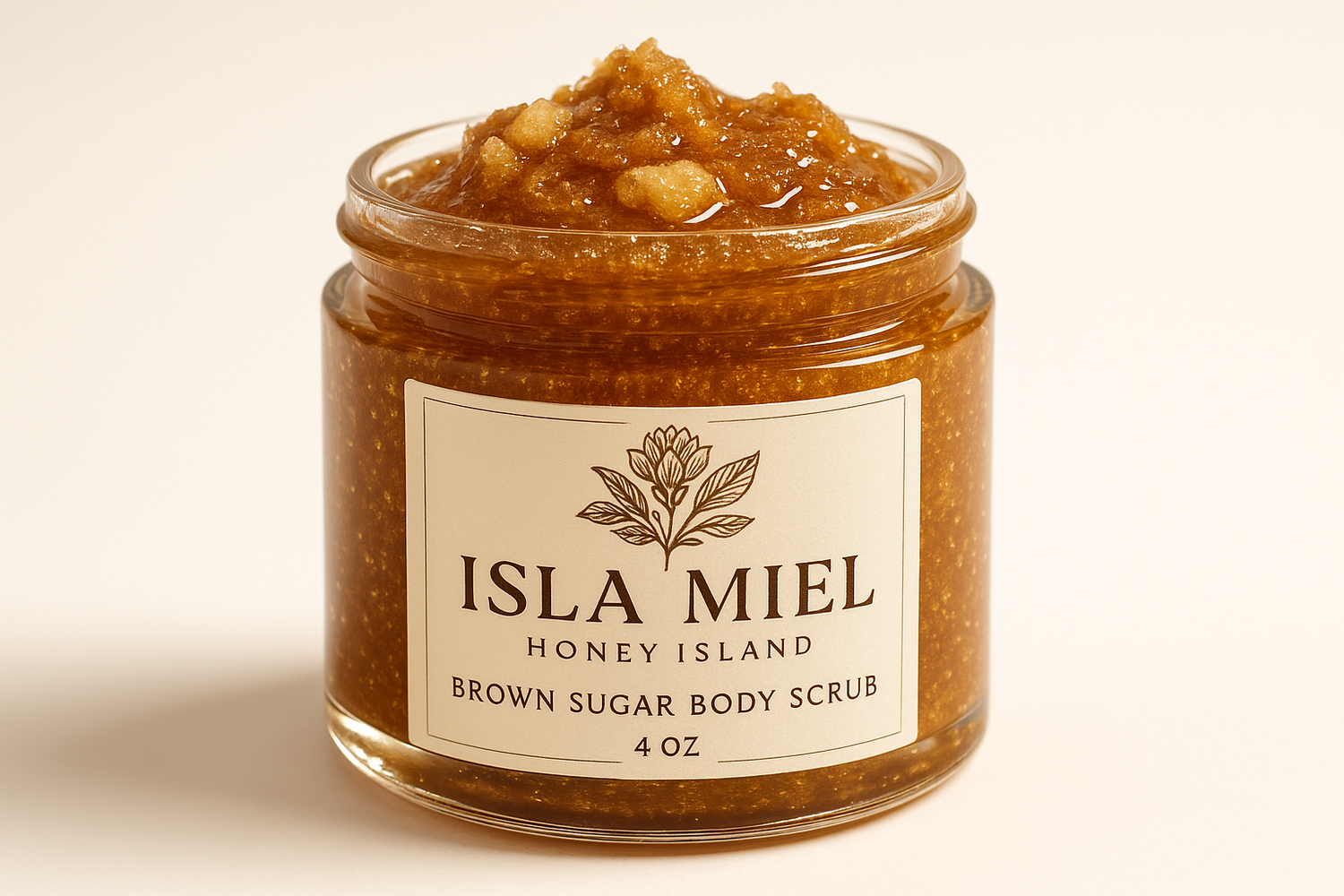 Please Create a rich dolden brown sugar body scrub with shea butter  gold flecks of mica  Plant based oils   pleaseput is a 4 oz clear jar  the nam is Isla Miel  Honey Island  Please dd an african flower and  leaf logo