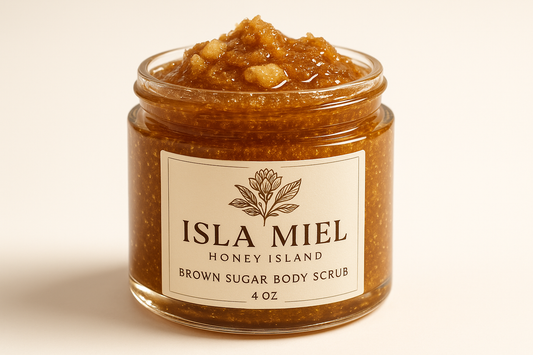 Please Create a rich dolden brown sugar body scrub with shea butter  gold flecks of mica  Plant based oils   pleaseput is a 4 oz clear jar  the nam is Isla Miel  Honey Island  Please dd an african flower and  leaf logo