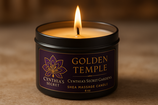 Please create a shea massage candle  open burning in a 4 oz black metal container tin  The name is Golden Temple Please use the african purple and gold flower logo on the label  The business name is Cynthia's Secret Gardens