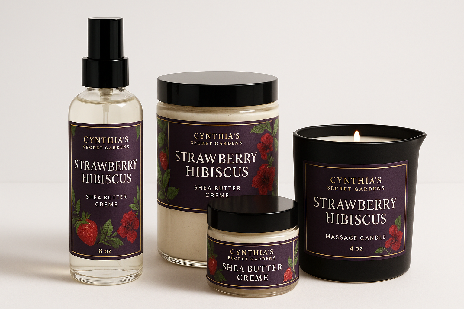 Please create a strawberry hibiscus bundle collection  Please create a shea butter body mist, an 8, a 4 oz shea butter creme and a massage candle  All of the products should be in a clear bottles with a black top and a black massge candle   All of the tops are black and  be The african purple and gold  logo should include green leaves and Cynthia's Secret Gardens on the label  Please make the design elegant  but simple