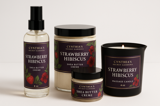 Please create a strawberry hibiscus bundle collection  Please create a shea butter body mist, an 8, a 4 oz shea butter creme and a massage candle  All of the products should be in a clear bottles with a black top and a black massge candle   All of the tops are black and  be The african purple and gold  logo should include green leaves and Cynthia's Secret Gardens on the label  Please make the design elegant  but simple