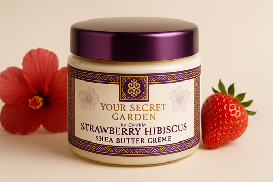 Please create a Strawberry Hibisus Shea Butter Creme for Your Secret Garden by Cynthia Please  use the African Purple and Gold logo and create on a creme background