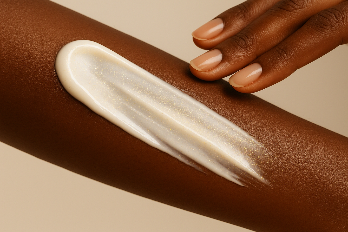 Please create a swipe of creamy lotion with hints of gold mica  please show on a dark black persons arm
