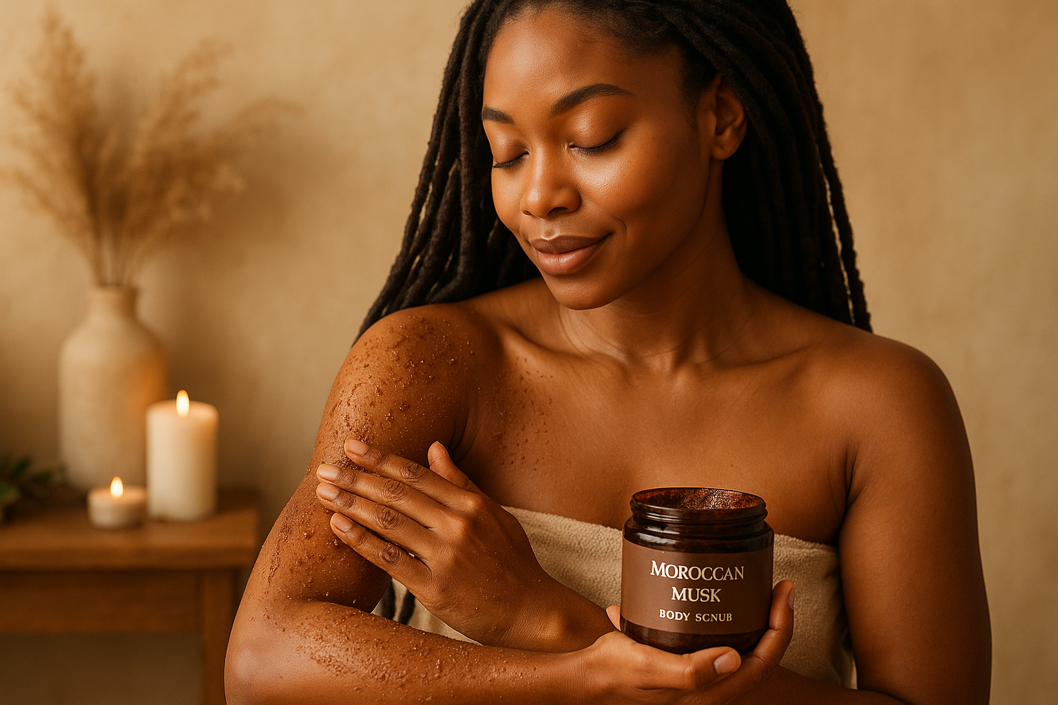 Please create ablack woman with long locs rubbing a brown morroccanmusk scrub on herbodydar