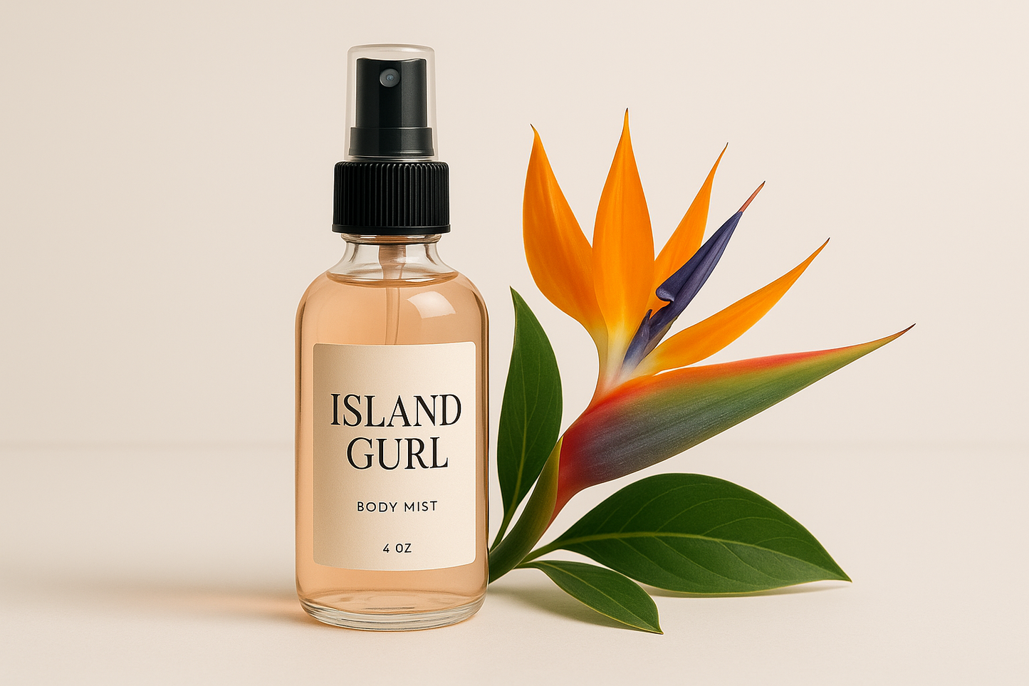 Please generate a light peach body mist in a clear 4 oz boston round bottle with a 4 oz  black fine spray mist sprayer  Please include a african flower with a green leaf  Please label it Island Gurl