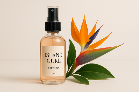 Please generate a light peach body mist in a clear 4 oz boston round bottle with a 4 oz  black fine spray mist sprayer  Please include a african flower with a green leaf  Please label it Island Gurl